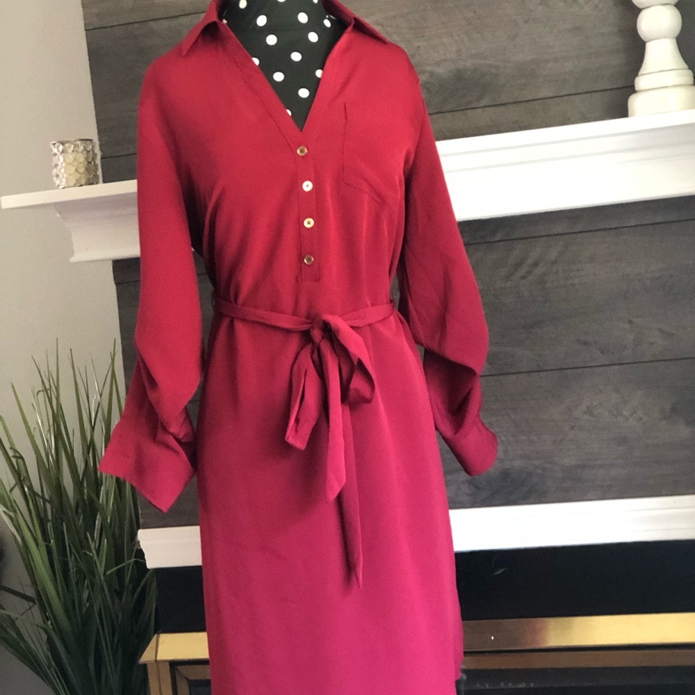 New York & Co. Burgundy/Maroon Tie-Front Dress